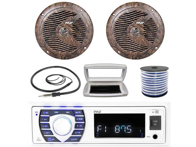 Pyle PLRMR23BTW Single-DIN Bluetooth Marine USB/AUX MP3/SD AM/FM Radio Stereo Receiver W/White Cover, 2x 6.5'' 150W Max Power Full Range Camouflage...