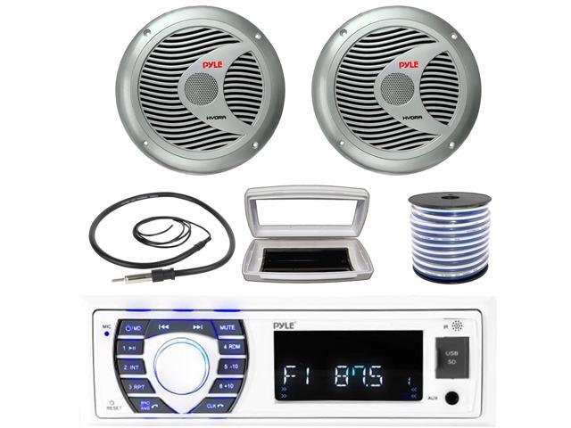 Pyle PLRMR23BTW Single-DIN Bluetooth Marine USB/AUX MP3/SD AM/FM Radio Stereo Receiver W/White Cover, 2x Pyle PLMR60S 6.5'' 150 Watt Max Power 2...