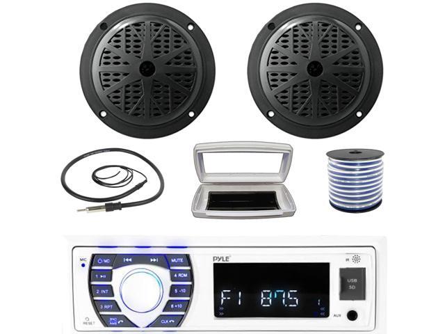 Pyle PLRMR23BTW Single-DIN Bluetooth Marine USB/AUX MP3/SD AM/FM Radio Stereo Receiver W/White Cover, 2x Pyle PLMR61B 6.5'' 120W Max Power Dual...