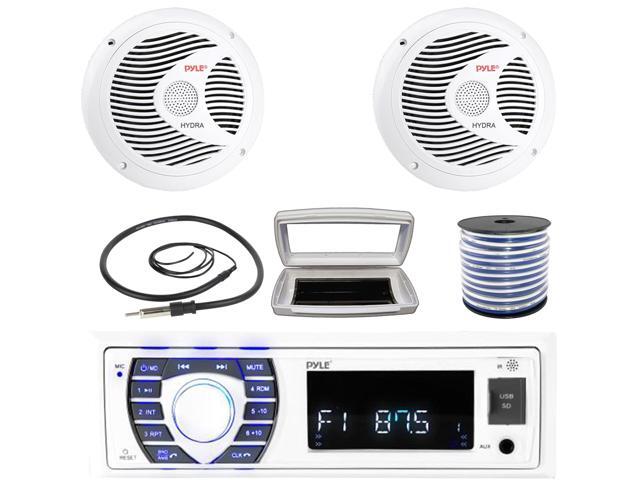 Pyle PLRMR23BTW Single-DIN Bluetooth Marine USB/AUX MP3/SD AM/FM Radio Stereo Receiver W/White Cover, 2x Pyle PLMR60W 6.5' 150W Max Power Full...