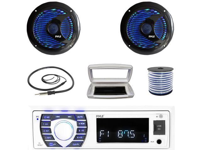 Pyle PLRMR23BTW Single-DIN Bluetooth Marine USB/AUX MP3/SD AM/FM Radio Stereo Receiver W/White Cover, 2x 6.5'' 150 Watt Max Power Dual Cone RGB LED...