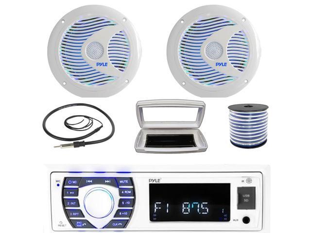 Pyle PLRMR23BTW Single-DIN Bluetooth Marine USB/AUX MP3/SD AM/FM Radio Stereo Receiver W/White Cover, 2x 6.5'' 150 Watt Max Power Dual Cone RGB LED...