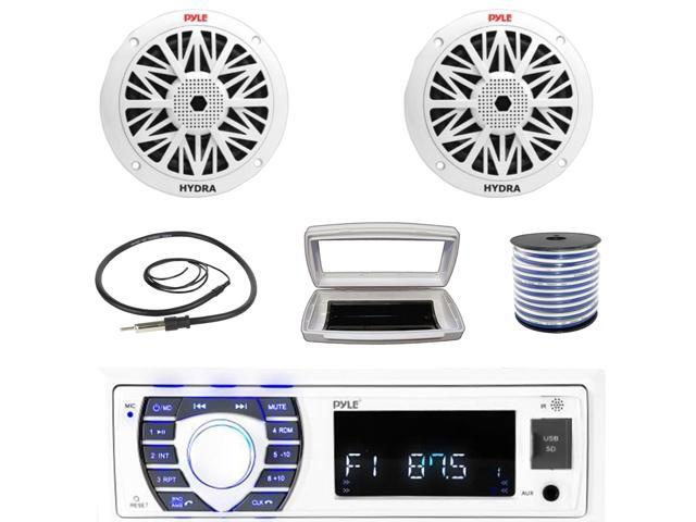 Pyle PLRMR23BTW Single-DIN Bluetooth Marine USB/AUX MP3/SD AM/FM Radio Stereo Receiver W/White Cover, 2x Pyle PLMR82 8' 300W Max Power 2-Way Boat...