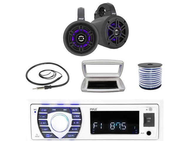 Pyle PLRMR23BTW Single-DIN Bluetooth Marine USB/AUX MP3/SD AM/FM Radio Stereo Receiver W/White Cover, 2x 4' 300W Max Power Waterproof Marine...