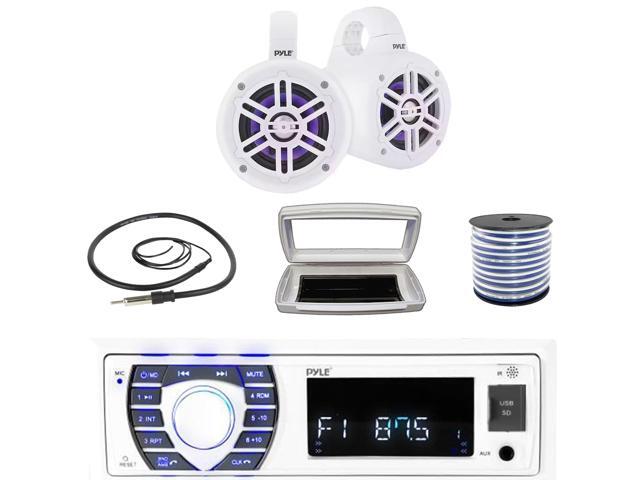 Pyle PLRMR23BTW Single-DIN Bluetooth Marine USB/AUX MP3/SD AM/FM Radio Stereo Receiver W/White Cover, 2x Pyle 4' 300 Watt Max Power Marine...