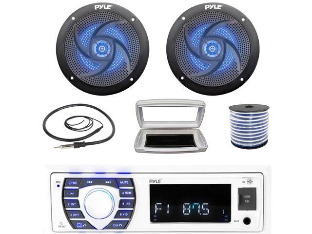 Pyle PLRMR23BTW Single-DIN Bluetooth Marine USB/AUX MP3/SD AM/FM Radio Stereo Receiver W/White Cover, 2x 4' 100W Max Power Waterproof Low-Profile...
