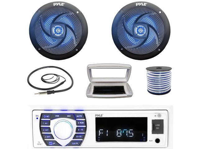 Pyle PLRMR23BTW Single-DIN Bluetooth Marine USB/AUX MP3/SD AM/FM Radio Stereo Receiver W/White Cover, 2x 6'' 240W Max Power Low Profile 2-Way Blue...
