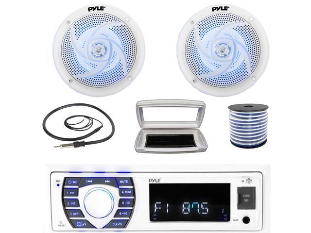 Pyle PLRMR23BTW Single-DIN Bluetooth Marine USB/AUX MP3/SD AM/FM Radio Stereo Receiver W/White Cover, 2x 6.5' 240W Max Power Low-Profile 2-Way Blue...