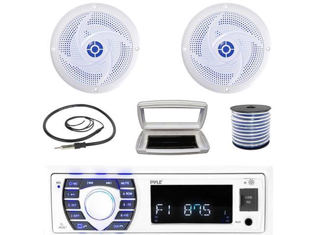 Pyle PLRMR23BTW Single-DIN Bluetooth Marine USB/AUX MP3/SD AM/FM Radio Stereo Receiver W/White Cover, 2x 6'' 240 Watt Max Power Low Profile 2-Way...