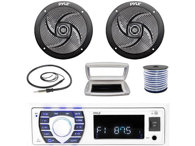 Pyle PLRMR23BTW Single-DIN Bluetooth Marine USB/AUX MP3/SD AM/FM Radio Stereo Receiver W/White Cover, 2x Pyle PLMRS6B 6'' 240W Max Power Low...