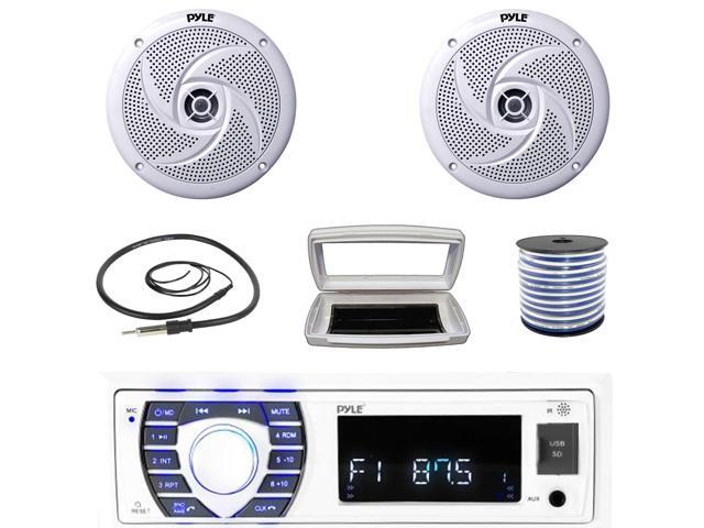 Pyle PLRMR23BTW Single-DIN Bluetooth Marine USB/AUX MP3/SD AM/FM Radio Stereo Receiver W/White Cover, 2x Pyle PLMRS8W 8'' 320W Max Power Low...
