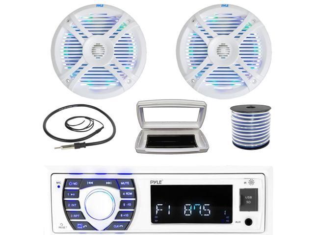 Pyle PLRMR23BTW Single-DIN Bluetooth Marine USB/AUX MP3/SD AM/FM Radio Stereo Receiver W/White Cover, 2x Pyle 6.5' 250W Max Power Boat Dual Cone...