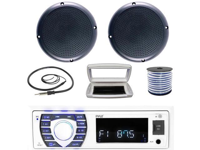 Pyle PLRMR23BTW Single-DIN Bluetooth Marine USB/AUX MP3/SD AM/FM Radio Stereo Receiver W/White Cover, 2x Connexx SPM5B 5.25' 20 Watts RMS Polycone...