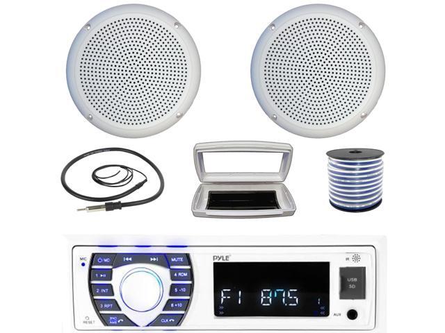 Pyle PLRMR23BTW Single-DIN Bluetooth Marine USB/AUX MP3/SD AM/FM Radio Stereo Receiver W/White Cover, 2x Connexx SPM5C 5.25' 20 Watts RMS Polycone...
