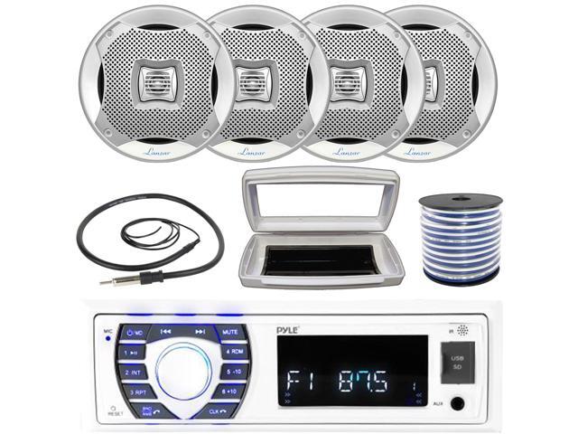 Pyle PLRMR23BTW Single-DIN Bluetooth Marine USB/AUX MP3/SD AM/FM Radio Stereo Receiver W/White Cover, 4x Lanzar 5.25 200W Max Power Water Resistant...