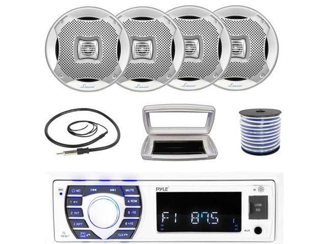 Pyle PLRMR23BTW Single-DIN Bluetooth Marine USB/AUX MP3/SD AM/FM Radio Stereo Receiver W/White Cover, 4x 6.5' 400W Max Power 2-Way Water Resistant...