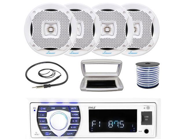 Pyle PLRMR23BTW Single-DIN Bluetooth Marine USB/AUX MP3/SD AM/FM Radio Stereo Receiver W/White Cover, 4x 6.5 400 Watt Max Power 2-Way Full-Range...