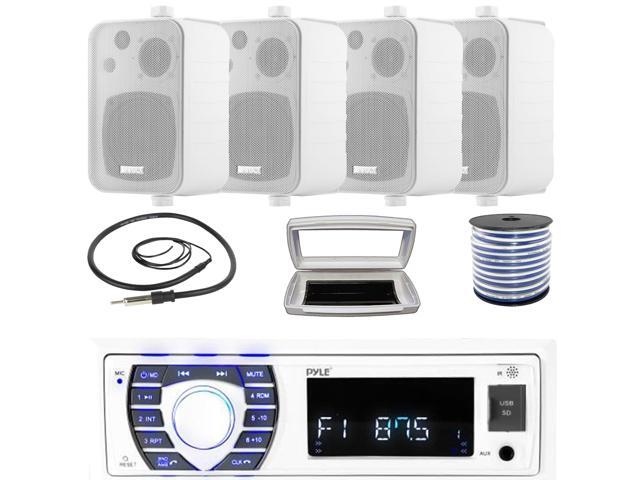 Pyle PLRMR23BTW Single-DIN Bluetooth Marine USB/AUX MP3/SD AM/FM Radio Stereo Receiver W/White Cover, 4x Enrock 4' 30W Max Power 3-Way In Door/Out...