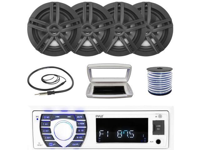 Pyle PLRMR23BTW Single-DIN Bluetooth Marine USB/AUX MP3/SD AM/FM Radio Stereo Receiver W/White Cover, 4x Enrock EM265B 6.5' 180W Max Power 2-Way...