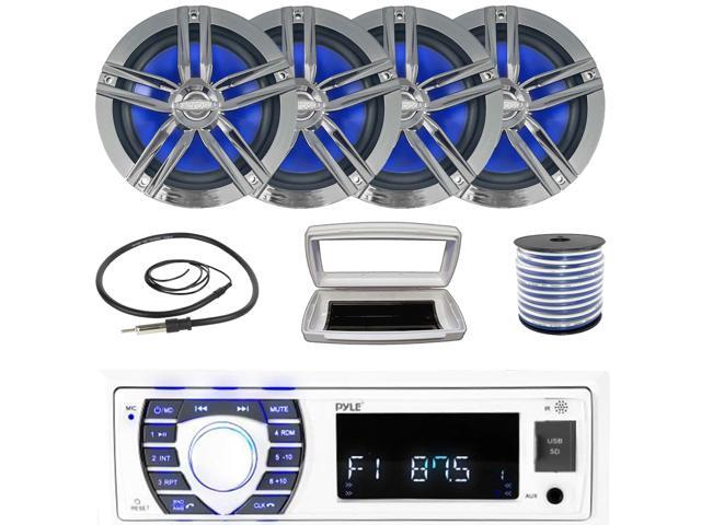 Pyle PLRMR23BTW Single-DIN Bluetooth Marine USB/AUX MP3/SD AM/FM Radio Stereo Receiver W/White Cover, 4x 6.5' 180W Max Power 2-Way High-Performance...