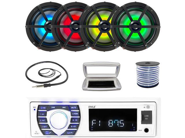 Pyle PLRMR23BTW Single-DIN Bluetooth Marine USB/AUX MP3/SD AM/FM Radio Stereo Receiver W/White Cover, 4x Enrock EM265RGB 6.5' 120 Watt Max Power...