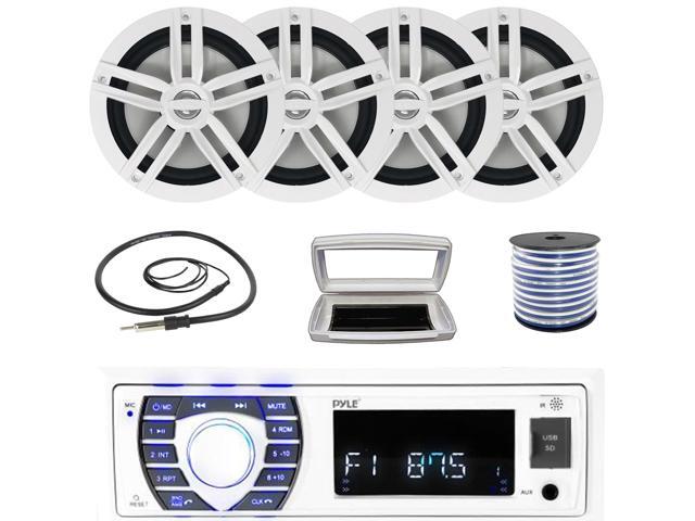 Pyle PLRMR23BTW Single-DIN Bluetooth Marine USB/AUX MP3/SD AM/FM Radio Stereo Receiver W/White Cover, 4x Enrock EM265W 6.5' 180 Watt Peak Power...