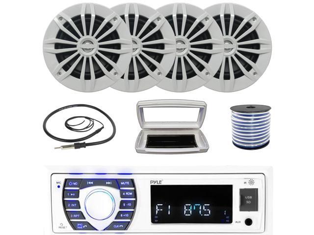 Pyle PLRMR23BTW Single-DIN Bluetooth Marine USB/AUX MP3/SD AM/FM Radio Stereo Receiver W/White Cover, 4x Enrock EM270W 6.5' 180W Max Power 2-Way...