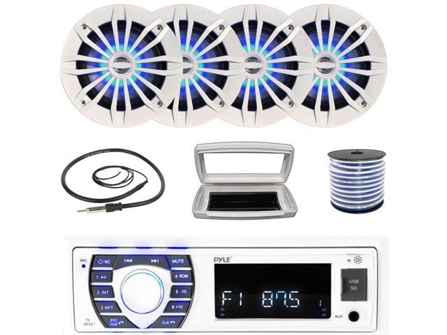 Pyle PLRMR23BTW Single-DIN Bluetooth Marine USB/AUX MP3/SD AM/FM Radio Stereo Receiver W/White Cover, 4x 6.5' 180W Max Power 2-Way Blue LED White...