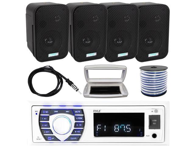 Pyle PLRMR23BTW Single-DIN Bluetooth Marine USB/AUX MP3/SD AM/FM Radio Stereo Receiver W/White Cover, 4x 3.5' 300W Max Power Indoor/Outdoor Black...