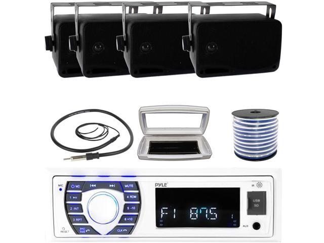 Pyle PLRMR23BTW Single-DIN Bluetooth Marine USB/AUX MP3/SD AM/FM Radio Stereo Receiver W/White Cover, 4x 3.5'' 200W Max Power 3-Way Indoor/Outdoor...