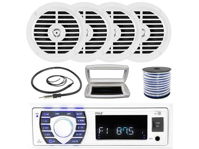 Pyle PLRMR23BTW Single-DIN Bluetooth Marine USB/AUX MP3/SD AM/FM Radio Stereo Receiver W/White Cover, 4x Pyle PLMR57W 5.25' 100W Max Power Dual...