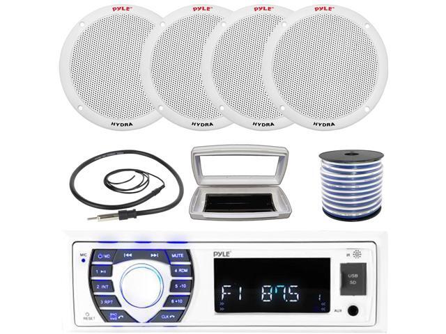 Pyle PLRMR23BTW Single-DIN Bluetooth Marine USB/AUX MP3/SD AM/FM Radio Stereo Receiver W/White Cover, 4x Pyle PLMR605W 6.5'' 400W Max Power Dual...