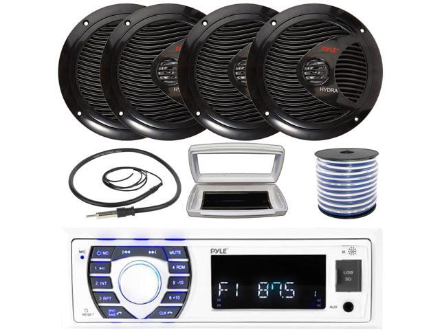 Pyle PLRMR23BTW Single-DIN Bluetooth Marine USB/AUX MP3/SD AM/FM Radio Stereo Receiver W/White Cover, 4x Pyle PLMR60B 6.5' 150W Max Power Full...