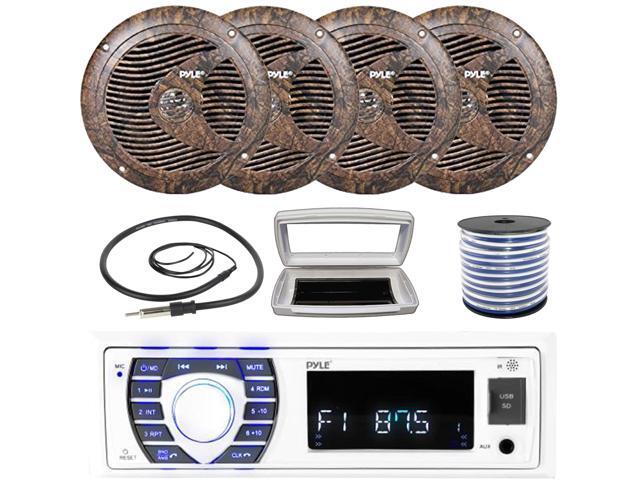 Pyle PLRMR23BTW Single-DIN Bluetooth Marine USB/AUX MP3/SD AM/FM Radio Stereo Receiver W/White Cover, 4x 6.5'' 150W Max Power Full Range Camouflage...