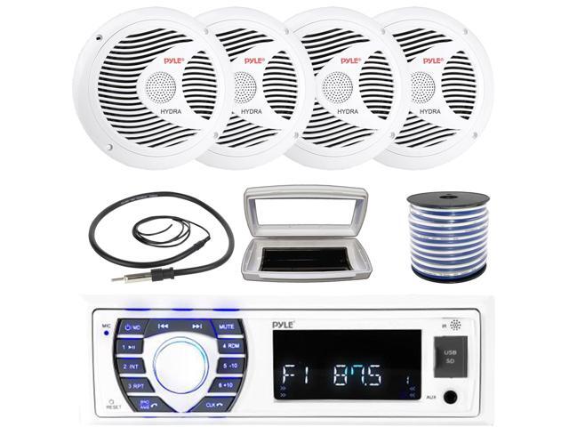 Pyle PLRMR23BTW Single-DIN Bluetooth Marine USB/AUX MP3/SD AM/FM Radio Stereo Receiver W/White Cover, 4x Pyle PLMR60W 6.5' 150W Max Power Full...