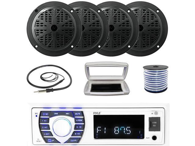 Pyle PLRMR23BTW Single-DIN Bluetooth Marine USB/AUX MP3/SD AM/FM Radio Stereo Receiver W/White Cover, 4x Pyle PLMR61B 6.5'' 120W Max Power Dual...