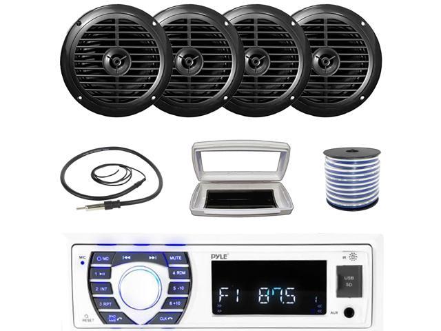 Pyle PLRMR23BTW Single-DIN Bluetooth Marine USB/AUX MP3/SD AM/FM Radio Stereo Receiver W/White Cover, 4x Pyle PLMR67B 6.5'' 120W Max Power Dual...