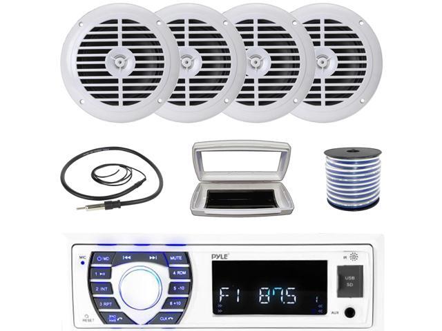 Pyle PLRMR23BTW Single-DIN Bluetooth Marine USB/AUX MP3/SD AM/FM Radio Stereo Receiver W/White Cover, 4x 6.5'' 120W Max Power Dual Cone Full Range...
