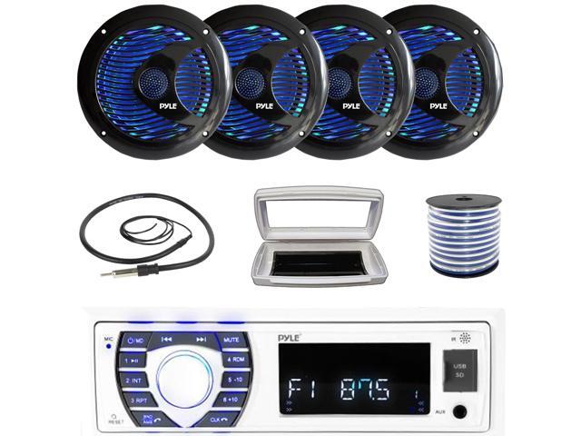Pyle PLRMR23BTW Single-DIN Bluetooth Marine USB/AUX MP3/SD AM/FM Radio Stereo Receiver W/White Cover, 4x 6.5'' 150 Watt Max Power Dual Cone RGB LED...