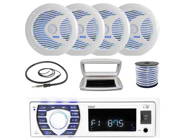 Pyle PLRMR23BTW Single-DIN Bluetooth Marine USB/AUX MP3/SD AM/FM Radio Stereo Receiver W/White Cover, 4x 6.5'' 150 Watt Max Power Dual Cone RGB LED...