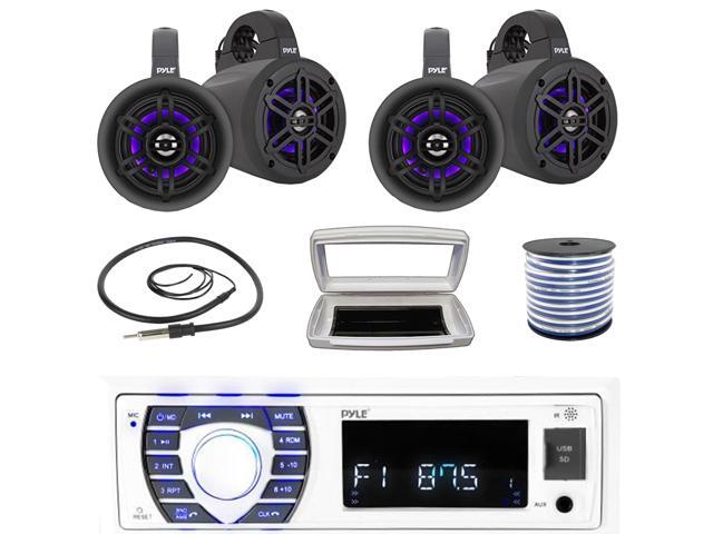 Pyle PLRMR23BTW Single-DIN Bluetooth Marine USB/AUX MP3/SD AM/FM Radio Stereo Receiver W/White Cover, 4x 4' 300W Max Power Waterproof Marine...