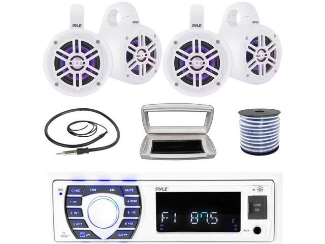 Pyle PLRMR23BTW Single-DIN Bluetooth Marine USB/AUX MP3/SD AM/FM Radio Stereo Receiver W/White Cover, 4x Pyle 4' 300 Watt Max Power Marine...