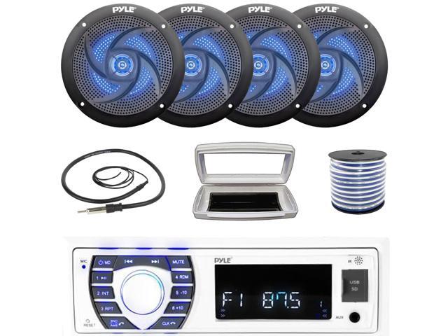 Pyle PLRMR23BTW Single-DIN Bluetooth Marine USB/AUX MP3/SD AM/FM Radio Stereo Receiver W/White Cover, 4x 4' 100W Max Power Waterproof Low-Profile...