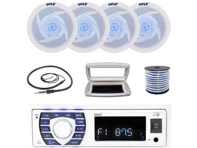 Pyle PLRMR23BTW Single-DIN Bluetooth Marine USB/AUX MP3/SD AM/FM Radio Stereo Receiver W/White Cover, 4x 5.25' 180W Max Power 2-Way Low Profile...