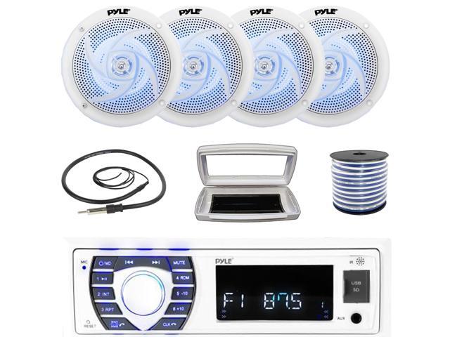 Pyle PLRMR23BTW Single-DIN Bluetooth Marine USB/AUX MP3/SD AM/FM Radio Stereo Receiver W/White Cover, 4x 6.5' 240W Max Power Low-Profile 2-Way Blue...