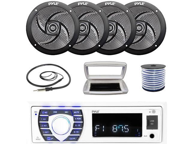 Pyle PLRMR23BTW Single-DIN Bluetooth Marine USB/AUX MP3/SD AM/FM Radio Stereo Receiver W/White Cover, 4x Pyle PLMRS6B 6'' 240W Max Power Low...