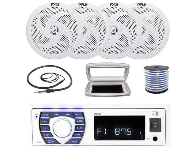 Pyle PLRMR23BTW Single-DIN Bluetooth Marine USB/AUX MP3/SD AM/FM Radio Stereo Receiver W/White Cover, 4x Pyle PLMRS6W 6'' 240W Max Power Low...