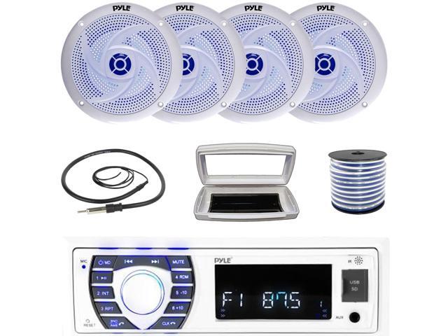 Pyle PLRMR23BTW Single-DIN Bluetooth Marine USB/AUX MP3/SD AM/FM Radio Stereo Receiver W/White Cover, 4x 8'' 320 Watt Max Power Low Profile 2-Way...