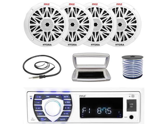 Pyle PLRMR23BTW Single-DIN Bluetooth Marine USB/AUX MP3/SD AM/FM Radio Stereo Receiver W/White Cover, 4x Pyle PLMR82 8' 300W Max Power 2-Way Boat...