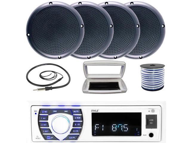 Pyle PLRMR23BTW Single-DIN Bluetooth Marine USB/AUX MP3/SD AM/FM Radio Stereo Receiver W/White Cover, 4x Connexx SPM5B 5.25' 20 Watts RMS Polycone...